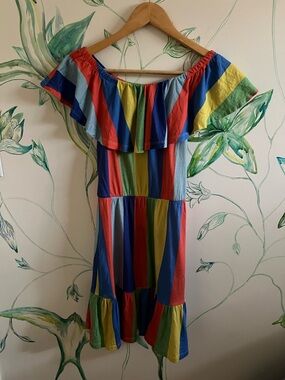 ASOS Rainbow Striped Off-Shoulder cotton dress in Red, Blue, Green, Yellow